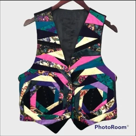 Vintage 80s Patchwork Quilted Wearable Art Vest Velvet - Picture 3 of 16